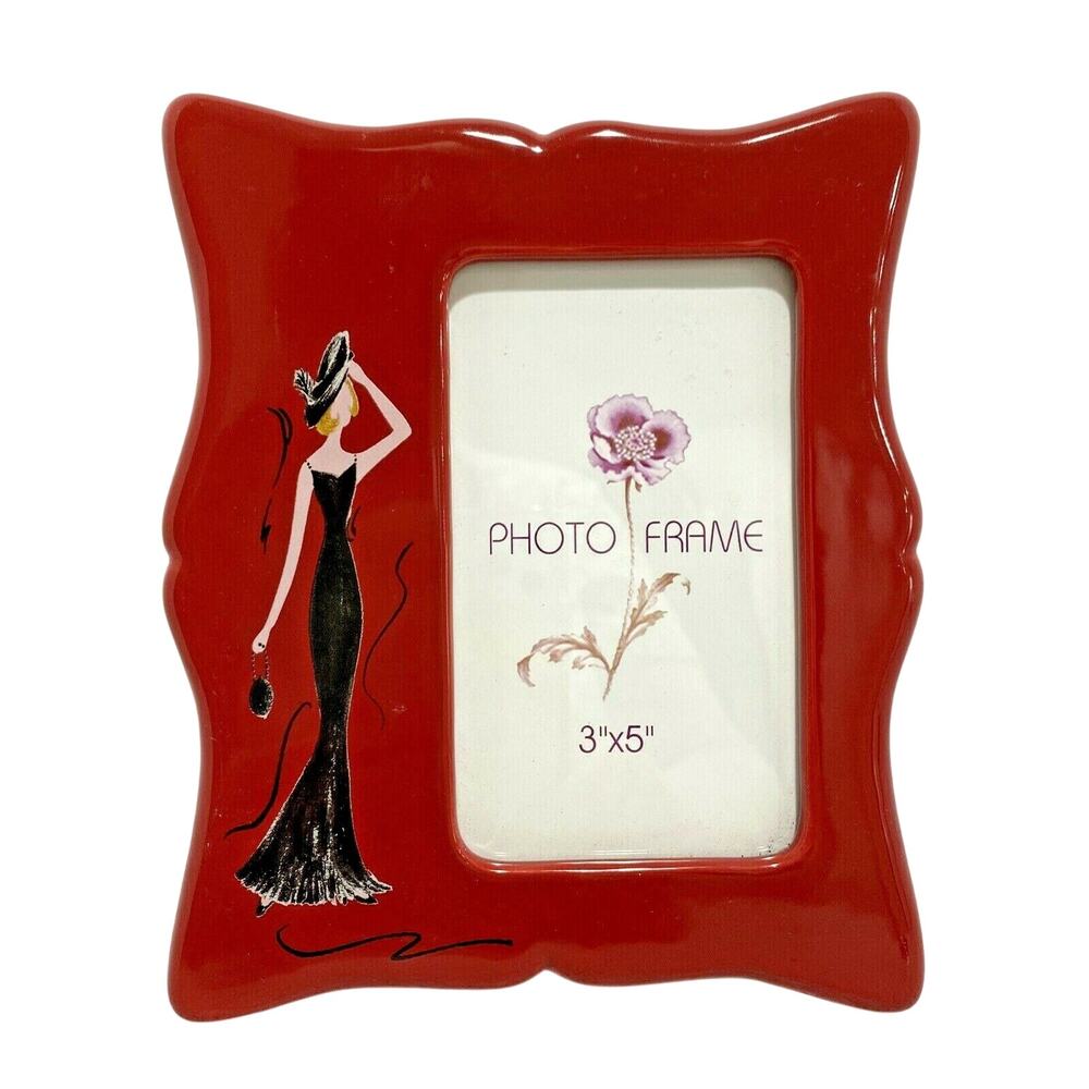 Novelty red ceramic standing picture photo frame fits 3" x 5" costumed woman